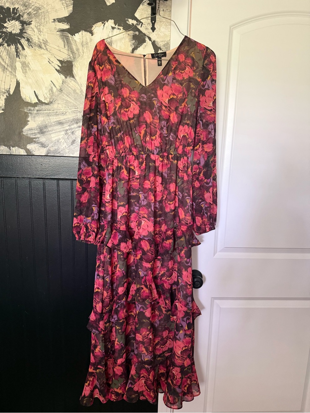 Jessica Simpson Pink and Brown Floral V-Neck Tiered Maxi Dress